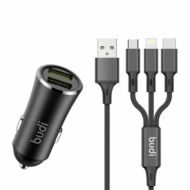 Budi Car Charger, 2x USB, 2.4A + 3in1 USB to USB-C / Lightning / Micro USB Cable (Black)