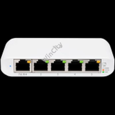 Ubiquiti USW Flex Mini 5-Port managed Gigabit Ethernet switch powered by 802.3af/at PoE or 5V, 1A USB-C power adapter.