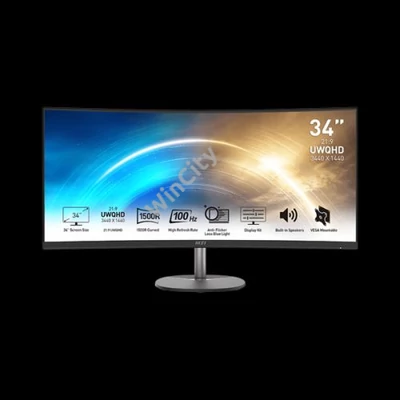 MSI Monitor Business PRO MP341CQ Ívelt 34" QHD, 3440x1440, 100Hz VA 21:9, 3000:1 CR, 300cd/m2, 4 ms, HDMI, DP, Black