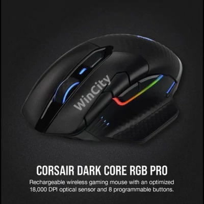 CORSAIR Vezetékes/Vezeték Nélküli Egér Gaming, DARK CORE RGB PRO, 8 programozható gomb, RGB, 18000dpi, fekete