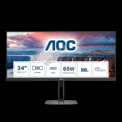 AOC VA monitor U34V5C/BK, 3440x1440, 21:9, 300cd/m2, 1ms, HDMI/DisplayPort/USB-C/4xUSB, hangszóró