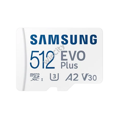 SAMSUNG Memóriakártya, EVO Plus microSDXC kártya, 512GB, UHS-1, U3, V30, A2, + SD Adapter, R160/W