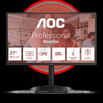 AOC IPS monitor 27" Q27E4U 2560x1440, 16:9, 350cd/m2, 4ms, HDMI/DisplayPort/4xUSB, hangszóró, 120 Hz, áll.mag., pivot