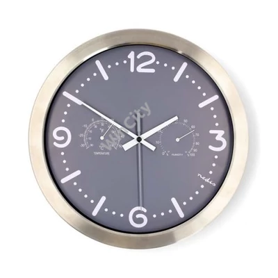 Nedis CLWA5226SS falióra, 30 cm átmérő, rozsdamentes acél, csendes szerkezet: óra, hőmérő, páratartamom mérő