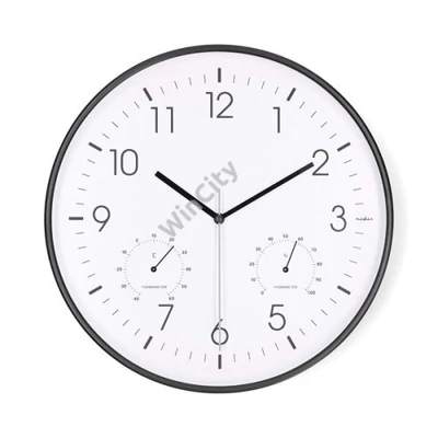 Nedis CLWA4226BK falióra, 30 cm átmérő, műanyag, csendes szerkezet: óra, hőmérő, páratartamom mérő