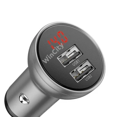 Ładowarka samochodowa Baseus z wyświetlaczem, 2x USB, 4,8A, 24W (srebrna)