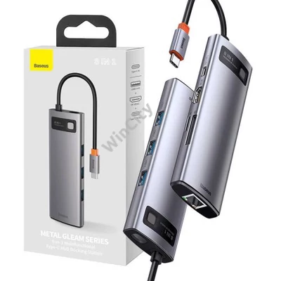 Baseus Metal Gleam Series 8 az 1-ben hub, USB-C - 3x USB 3.0 + HDMI + USB-C PD + Ethernet RJ45 + microSD / SD (szürke)