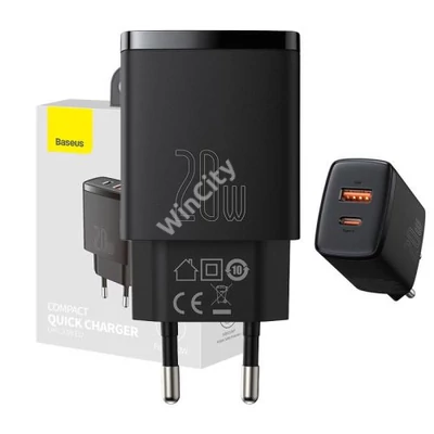 Baseus kompakt gyorstöltő, USB, USB-C, 20 W (fekete)