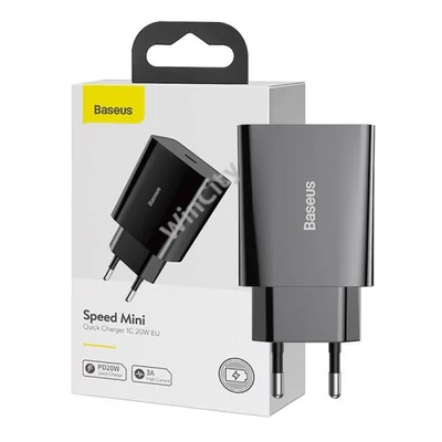 Baseus Speed Mini gyorstöltő, USB + USB-C, PD, 3A, 20 W (fekete)