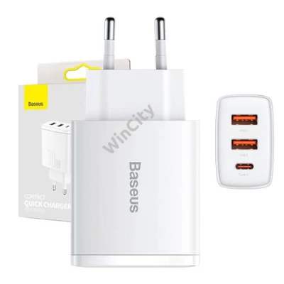 Baseus kompakt gyorstöltő, 2xUSB, USB-C, PD, 3A, 30 W (fehér)