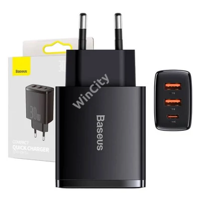 Baseus kompakt gyorstöltő, 2xUSB, USB-C, PD, 3A, 30 W (fekete)