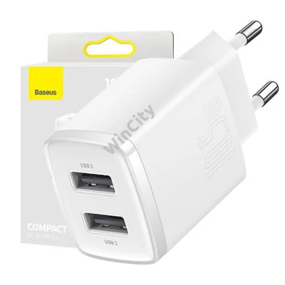 Baseus Compact gyorstöltő, 2x USB, 10.5W (fehér)