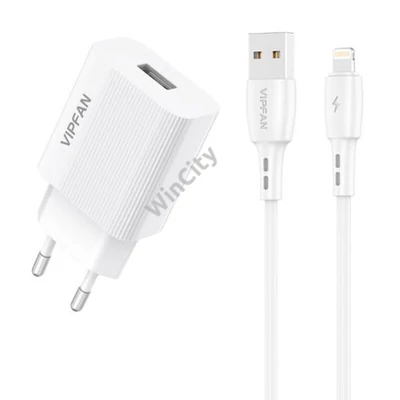 VFAN E01 hálózati töltő, 1x USB, 2,4A + Lightning kábel (fehér)