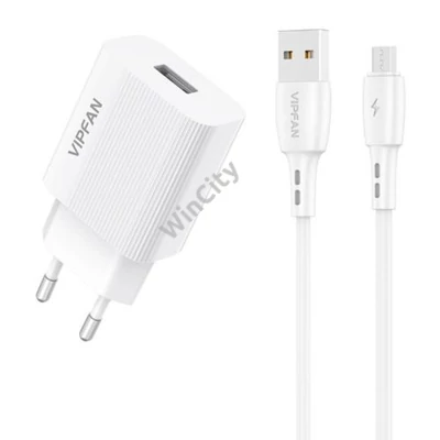 VFAN E01 hálózati töltő, 1x USB, 2,4A + Micro USB kábel (fehér)