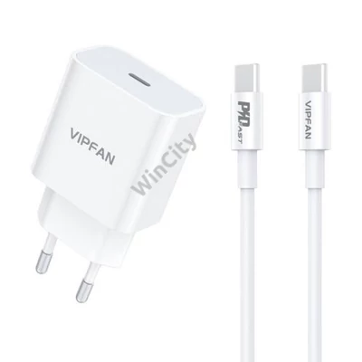 VFAN E04 fali töltő, USB-C, 20W, QC 3.0 + USB-C kábel (fehér)