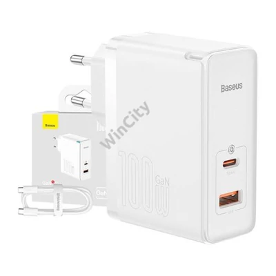 Baseus GaN5 Pro USB-C + USB hálózati töltő, 100W + 1m kábel (fehér)