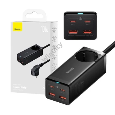 Baseus GaN3 Pro Töltő / elosztó, 2xUSB + 2xUSB-C + AC, 100W (fekete)