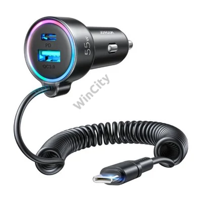 Car charger Joyroom JR-CL07, 3-in-1, 1x USB + 1x PD, 55W + Type-C cable (black)