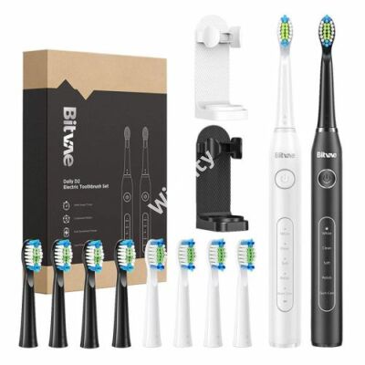 Sonic toothbrushes with tips set and 2 toothbrush holders Bitvae D2+D2 (white and black)