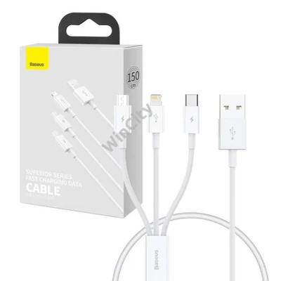 Baseus Superior Data Gyorstöltő USB - M+L+C, 3,5A, 0,5m (fehér)