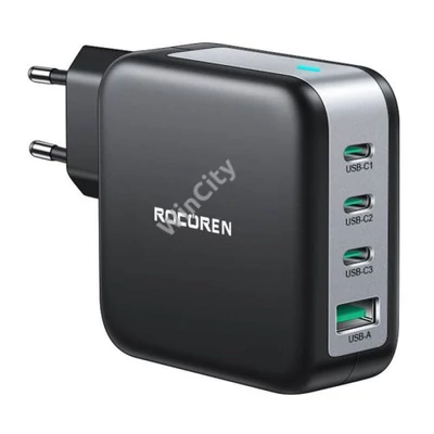 Wall charger GaN Rocoren 3x USB-C, 1x USB, Power Delivery 3.0, 100W (black)