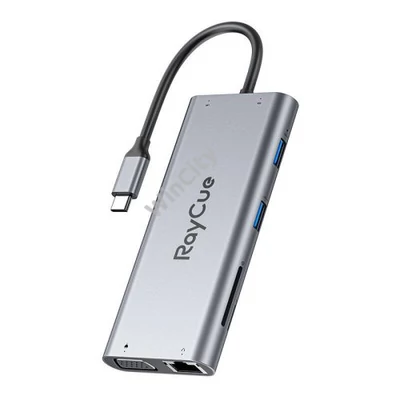 Hub 11w1 RayCue USB-C do 2x USB-A 2.0 480Mbps + 3x USB-A 3.2 5Gbps + SD/TF 3.0 + HDMI 4K30Hz + VGA 1080p + RJ45 + PD 3.0 100W (sary)