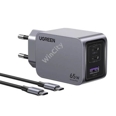 UGREEN Nexode Pro fali töltő, USB + 2x USB-C, 65W + USB-C kábel, 1.5m (fekete)