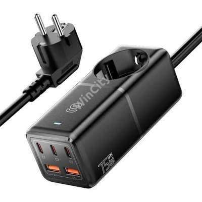 Wall charger, Essager, ECTAC-BRB01-Z, GaN, 3xUSB-C, 2xUSB-A, Gniazdko AC, 75W (black)