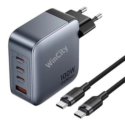 Vention hálózati töltő 3x USB-C, 1x USB-A, (100W/100W/30W/30W/30W) (szürke) USB-C-USB-C kábellel (1m) (fekete)