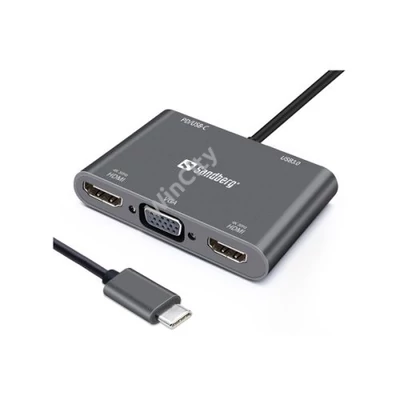 Sandberg Notebook Dokkoló - USB-C Dock (USB-C bemenet; 2xHDMI+USB-A3.0+1xVGA kimenet)