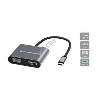 Conceptronic Notebook Dokkoló - DONN16G (USB-C to HDMI+VGA+USB-A PD:100W, ezüst)