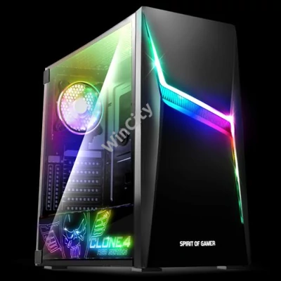 Spirit of Gamer Számítógépház - CLONE 4 Black (fekete, ablakos, 8x12cm ventilátor, alsó táp, ATX, 1xUSB3.0, 2xUSB2.0)