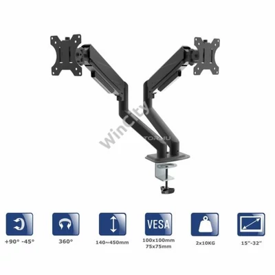 Fali konzol Akyga Dual Gas Spring Monitor Arm Double Desk Mount 2x10kg VESA 75x75mm/100x100mm 15-32"